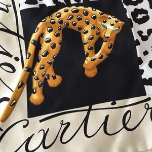 Cartier silk panther leopard ivory emerald scarf